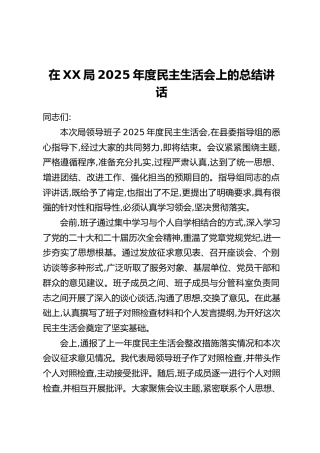 在XX局2025年度民主生活会上的总结讲话