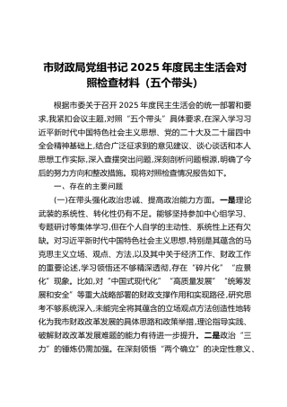 市财政局党组书记2025年度民主生活会对照检查材料（五个带头）