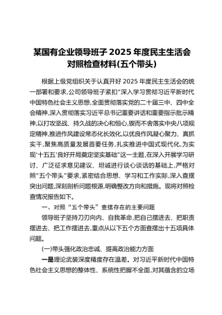某国有企业领导班子2025年度民主生活会对照检查材料(五个带头)