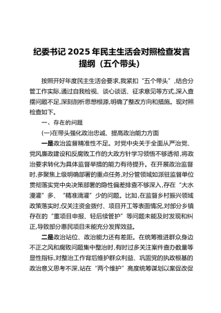 纪委书记2025年民主生活会对照检查发言提纲（五个带头）