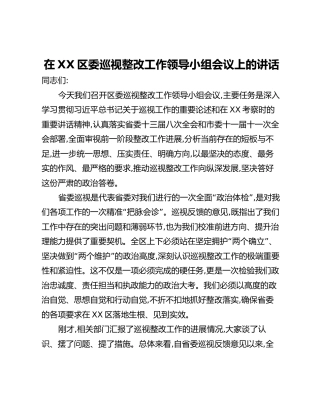 在XX区委巡视整改工作领导小组会议上的讲话