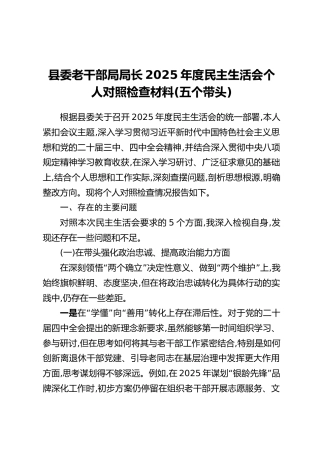 县委老干部局局长2025年度民主生活会个人对照检查材料(五个带头)