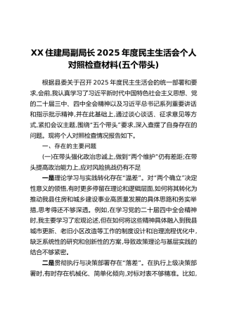 XX住建局副局长2025年度民主生活会个人对照检查材料(五个带头)