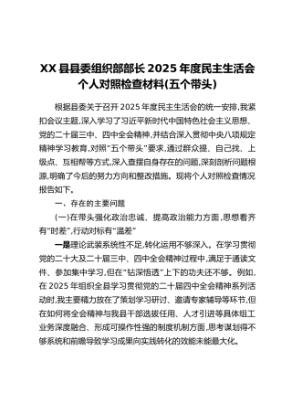 XX县县委组织部部长2025年度民主生活会个人对照检查材料(五个带头)