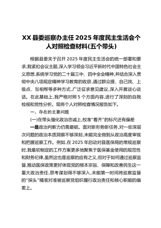 XX县委巡察办主任2025年度民主生活会个人对照检查材料(五个带头)