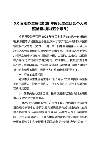 XX县委办主任2025年度民主生活会个人对照检查材料(五个带头)