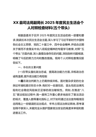 XX县司法局副局长2025年度民主生活会个人对照检查材料(五个带头)