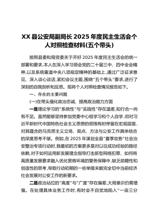 XX县公安局副局长2025年度民主生活会个人对照检查材料(五个带头)
