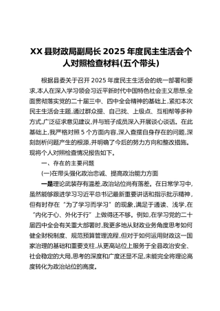 XX县财政局副局长2025年度民主生活会个人对照检查材料(五个带头)