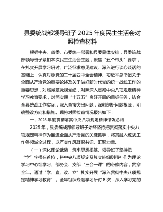 县委统战部领导班子2025年度民主生活会对照检查材料（贯彻落实中央八项规定精神情况总结+五个带头+典型案例剖析）