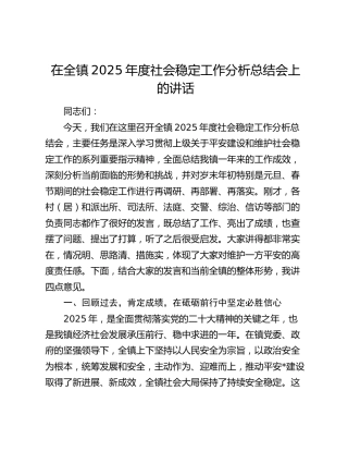在全镇2025年度社会稳定工作分析总结会上的讲话