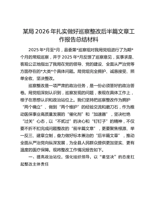 某局2026年扎实做好巡察整改后半篇文章工作报告总结材料