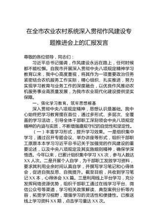 在全市农业农村系统深入贯彻作风建设专题推进会上的汇报发言