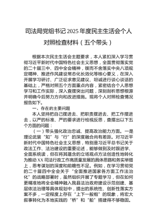 司法局党组书记2025年度民主生活会个人对照检查材料（五个带头）