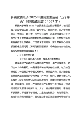 乡镇党委班子2025年度民主生活会“五个带头”对照检查发言（4067字）