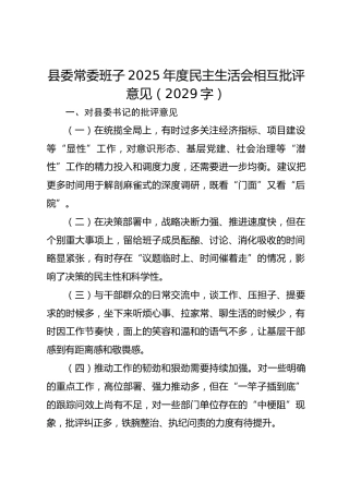 县委常委班子2025年度民主生活会相互批评意见（2029字）