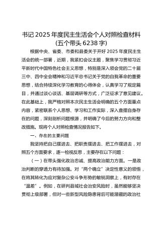 书记2025年度民主生活会个人对照检查材料(五个带头 6238字)