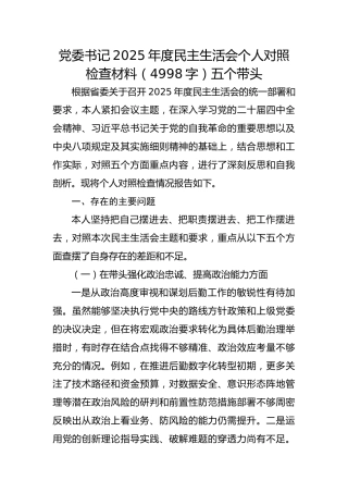 党委书记2025年度民主生活会个人对照检查材料（4998字）五个带头