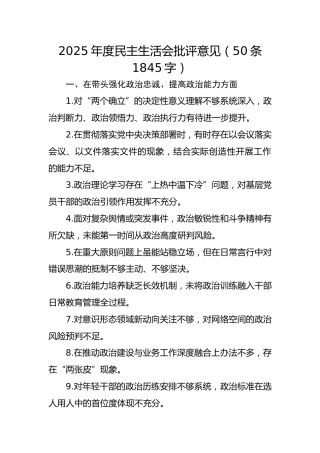 2025年度民主生活会批评意见（50条1845字）