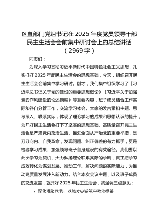 （会前）区直部门党组书记在2025年度党员领导干部民主生活会会前集中研讨会上的总结讲话（2969字）