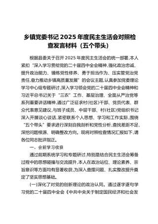 乡镇党委书记2025年度民主生活会对照检查发言材料（五个带头）