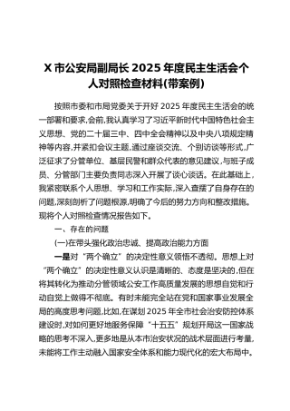 X市公安局副局长2025年度民主生活会个人对照检查材料（带案例）