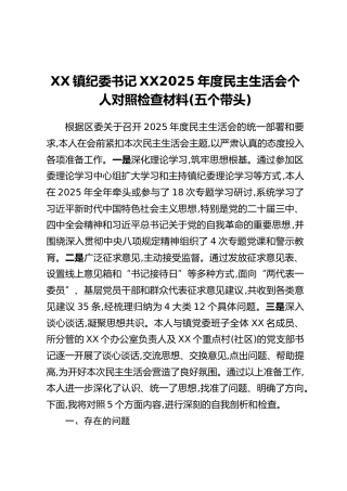 XX镇纪委书记XX2025年度民主生活会个人对照检查材料（五个带头）