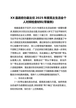 XX县政府办副主任2025年度民主生活会个人对照检查材料（带案例）