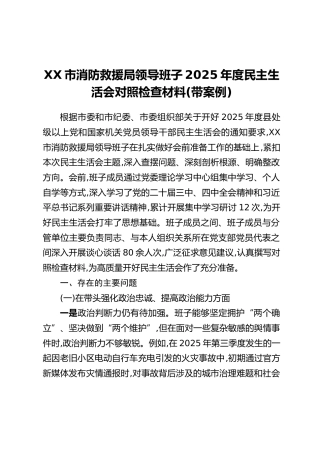 XX市消防救援局领导班子2025年度民主生活会对照检查材料（带案例）