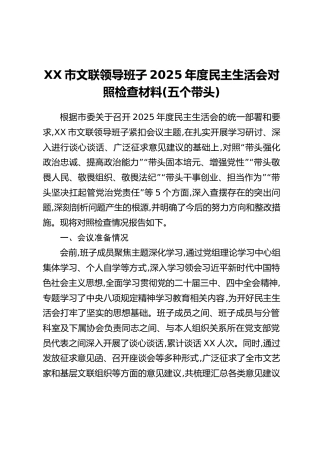 XX市文联领导班子2025年度民主生活会对照检查材料(五个带头)