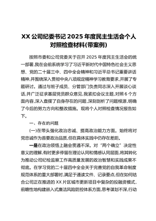 XX公司纪委书记2025年度民主生活会个人对照检查材料（带案例）