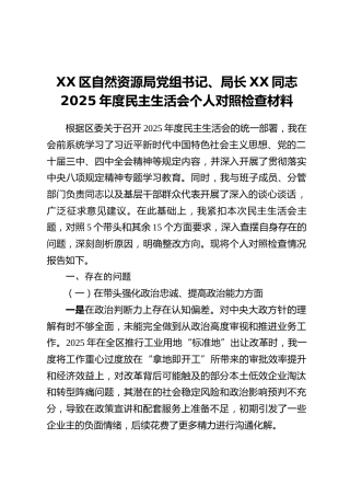 XX区自然资源局党组书记、局长XX同志2025年度民主生活会个人对照检查材料