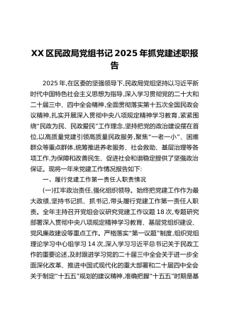 XX区民政局党组书记2025年抓党建述职报告
