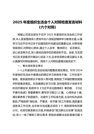 2025年度组织生活会个人对照检查发言材料（六个对照）