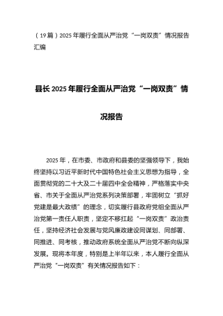 县长2025年履行全面从严治党“一岗双责”情况报告