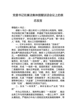 党委书记在廉洁集体提醒谈话会议上的表态发言