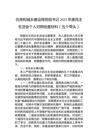 住房和城乡建设局党组书记2025年度民主生活会个人对照检查材料（五个带头）