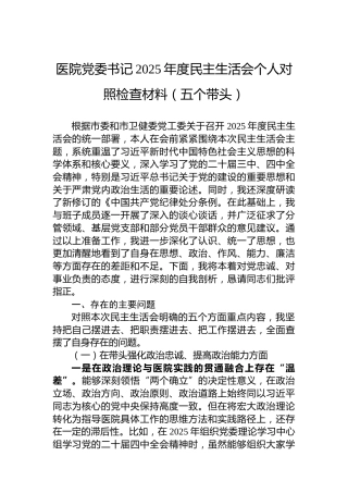 医院党委书记2025年度民主生活会个人对照检查材料（五个带头）