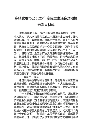 乡镇党委书记2025年度民主生活会对照检查发言材料