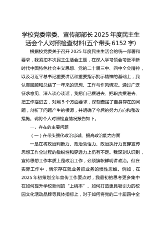 学校党委常委、宣传部部长2025年度民主生活会个人对照检查材料(五个带头 6152字)