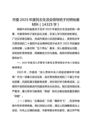 市委2025年度民主生活会领导班子对照检查材料（14325字）