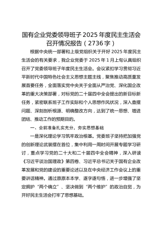 国有企业党委领导班子2025年度民主生活会召开情况报告（2736字）