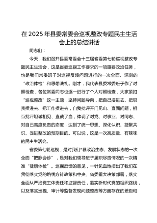 在2025年县委常委会巡视整改专题民主生活会上的总结讲话