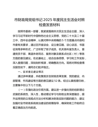 市财政局党组书记2025年度民主生活会对照检查发言材料（征求意见建议情况上年度查摆问题整改落实情况五个带头）