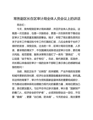 常务副区长在区审计局全体人员会议上的讲话