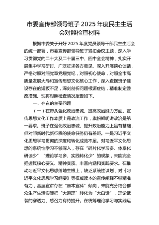 市委宣传部领导班子2025年度民主生活会对照检查