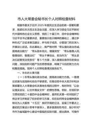 市人大常委会机关2025年度民主生活会秘书长个人对照检查