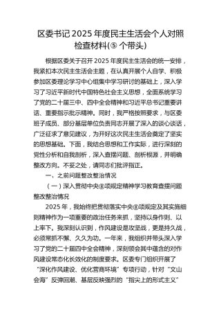 区委书记2025年度民主生活会个人对照检查(含问题整改情况)