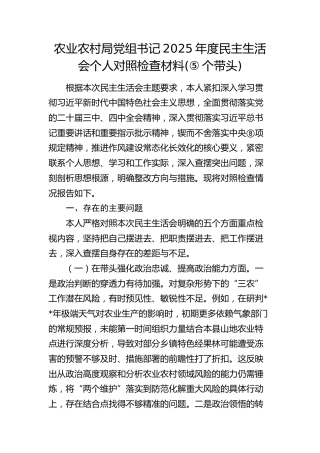 农业农村局党组书记2025年度民主生活会个人对照检查