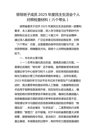 2025年度民主生活会个人对照检查（五个带头带头以优良作风奋进新征程）